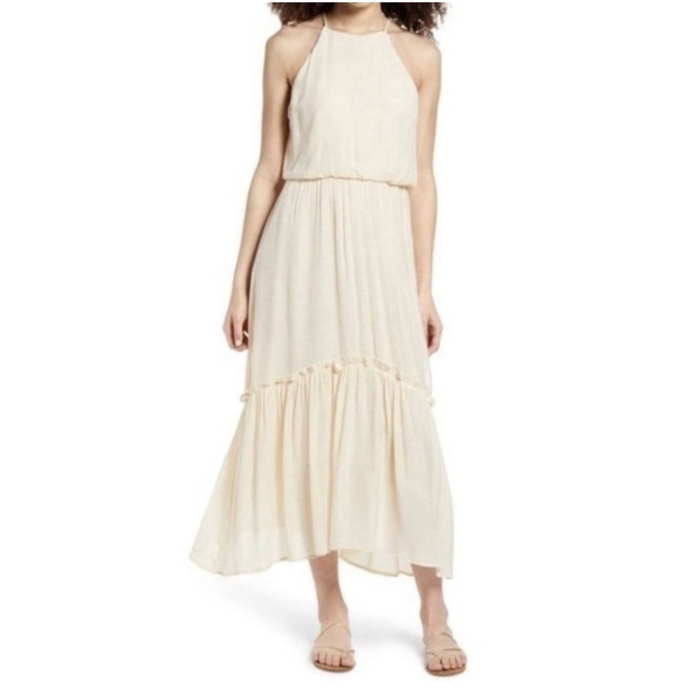 Lush Blouson Midi Halter Dress Sz S Cream Sharkbite Hem Keyhole Party Beach Boho